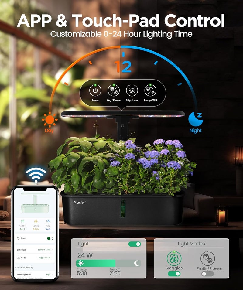 LETPOT Store أنظمة زراعة هيدروبونيك LPH-Air، حديقة داخلية ذكية تتحكم بها تطبيق وواي فاي مع ضوء نمو 24 واط طيف كامل، 10 حاويات للزراعة الداخلية كهدية، مطبخ، خضروات (أسود) - Image 3